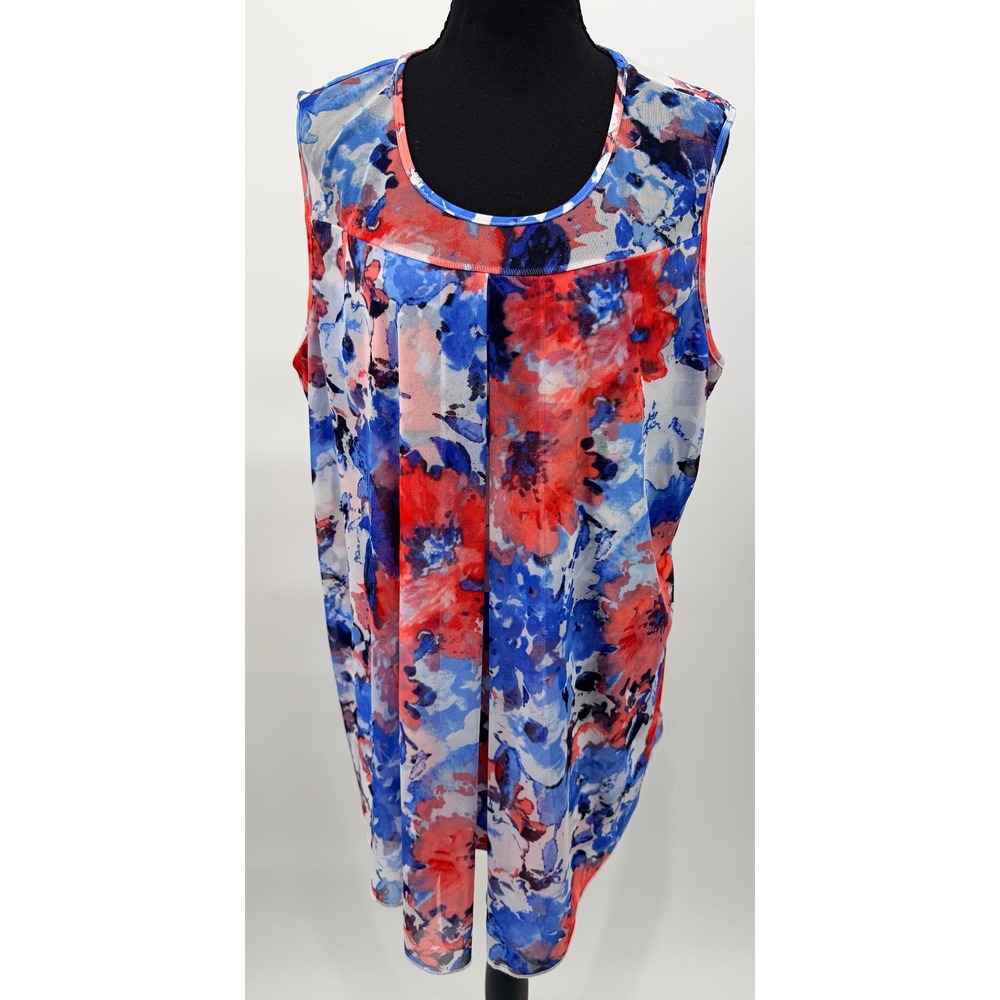 Adele & May Blouse Women 2X Red Blue Floral Excellent Pleated Mesh Sleeveless